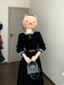 QINGMUZI | Vintage Aristocrat Style Black Velvet Dress