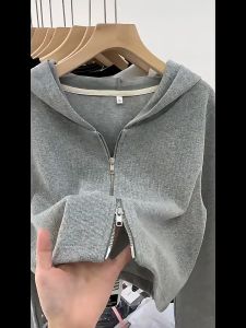 เสื้อแจ็คเก็ตแขนยาวมีซิป สีทึบ แฟชั่น สไตล์เกาหลี เสื้อสเวตเตอร์มีฮู้ดผู้หญิงฤดูใบไม้ผลิและฤดูใบไม้ร่วง