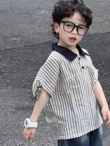 Boys Short Sleeve Shirt Thin Stripe Half Sleeve Summer New Fashion Childrens Boy Light Weight Cool Top Korean Style Kids Clothing