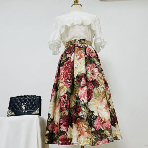 High Waist Pleated Midi Skirt Vintage Oil Painting Print Full Flounce A-Line Skirt Womens Autumn 2024 Commute Style Long Skirt