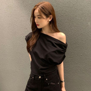 French Style Asymmetrical Shoulder Loose Fit Short Sleeve Crew Neck T-Shirt Womens Fashionable Solid Color Summer Top