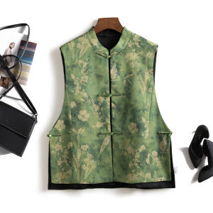 Designer Style Double-Sided Wear New Chinese National Style Silk Print Stand Collar Womens Vest Tank Top Commute Spring 2024