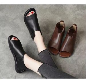 Soft Leather Roman Style Sandals Womens Spring Summer New England Style Flat Heel Packaged Shoes Casual Low Cut Zipper Closure