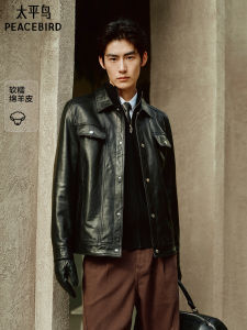 Peacebird Mens Fashion Urban Style Lamb Leather Jacket Oil Wax Genuine Leather Coat Casual Long Sleeve Zipper Closure Coat