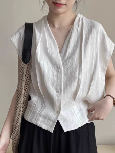 เสื้อเชิ้ตคอวีแขนกุดสีขาวหลวมๆ สำหรับผู้หญิงในช่วงฤดูร้อน สไตล์เกาหลี หรูหรา เสื้อเชิ้ตแขนกุดแบบพิเศษ