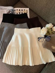 Winter 2025 Beige Knitted Short Skirt A-Line Midi Skirt Womens Small Size Pleated Skirts French Style Mature City Commute