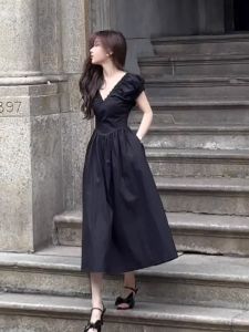 Elegant French Style Long Black Dress Slimming High Waist V-Neck Summer Womens Dress HepburnInspired Invisible Zipper A-Line Skirt