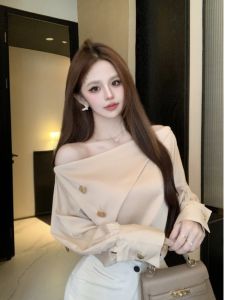 GUZILIAN | Elegant Long Sleeve Satin Shoulder Bared Womens Shirt Autumn New Style Pure Desire High End Feeling Chic Commute Style Shirt