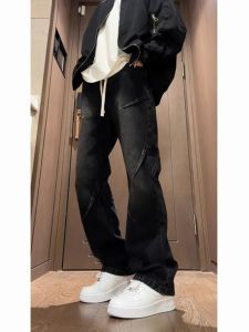 กางเกงยีนส์ทรงตรงเอวยางยืดสีดำสำหรับผู้ชาย กางเกงยีนส์ทรงหลวมสไตล์ไฮสตรีทสำหรับฤดูใบไม้ผลิและฤดูใบไม้ร่วง