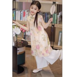 Girls Hanfu Summer Outfit Short Sleeve Dress Childrens National Style New Chinese Dress Big Kids Set Fashionable Traditional Clothing