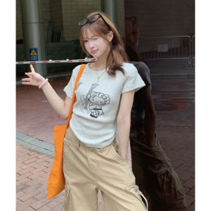 YUEZHONGWEI | American Style Shoulder Cat Print Round Neck Short Sleeve T-Shirt Women Summer Design Slim Fit Short Length Casual Top