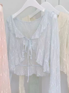 Sun Protection Lace Trim Cardigan Short Sleeve Long Sleeve V Neck Pure Color Korean Style Womens Summer Outerwear Coat