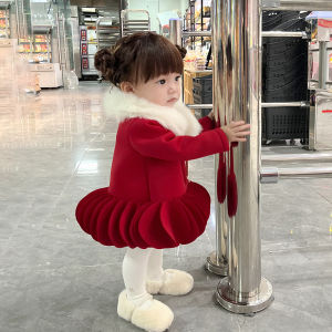 Red Christmas Girls Dress New Year Visit Clothes Winter Fashionable Autumn Winter Baby Girl Skirt Long Sleeve Lantern Dress