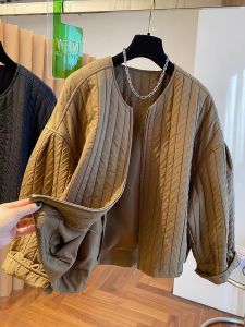 Brand Discount Loose round Neck Striped Cotton Jacket Womens Autumn Winter Lightweight Small Cotton Coat Zipper Closure Long Sleeve