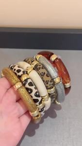 Multi-style Leopard Print Bamboo Tube Acrylic Stretchy Bracelets for Women Men Retro Resin Beaded Bangles Stack Jewelry Gift K1