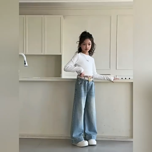 Manila Denim Pants For Kids Girls 6-15yrs Jeans Light Blue Maong Pants High Quality Vintage Baggy Pants Straight Loose High Waist Wide Leg Trousers Pantalon For Kids Girl Casual OOTD