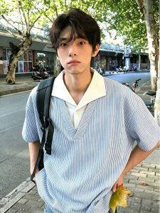 OUMULONG | Light Blue Striped False Double Layered Korean Style T-Shirt