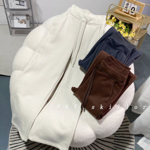 Double Layered Waist Fleece Lined Wide Leg Pants Yoga Sweatpants Plush Warm Breathable High Waist Cotton Polyester Blend