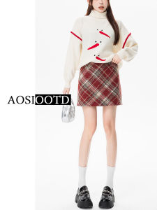 กระโปรงสั้นทรงเอเอวสูงลายสก็อตสีแดง กระโปรงทรงเอคลุมสะโพกสำหรับผู้หญิงในฤดูใบไม้ร่วงและฤดูหนาว กระโปรงสั้นทรงเอสำหรับงานปีใหม่