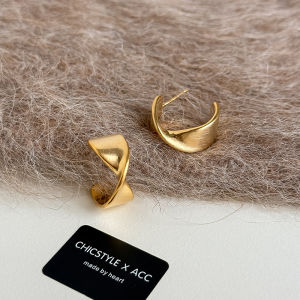S925 Silver Needle Metal Twisted Cross Half Circle C Ring Minimalist Design Matte Finish Earrings Fashionable Jewelry for Women