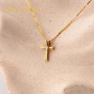 POH KONG 750/18K Yellow Gold With Diamond Intertwined Ribbon Cross Pendant