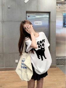 เสื้อยืดคอกลมแขนสั้นผ้าฝ้ายแท้พิมพ์ลายสำหรับผู้หญิง ฤดูใบไม้ร่วง 2025 ใหม่ ลำลอง หลวม กระชับสัดส่วน ลำลอง แขนสั้น คอกลม