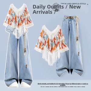 NUMEN BUTTON | Plus Size Bohemian Fringe Tunic with High Waist Denim Set