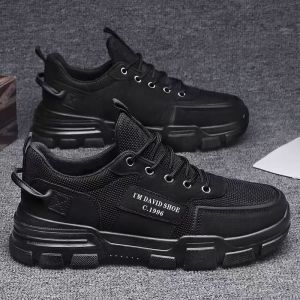 Trendy Mens Sports Shoes Summer 2024 Breathable Wear-Resistant Black Work Boots Outdoor Casual Shoes Comfortable Rubber Sole