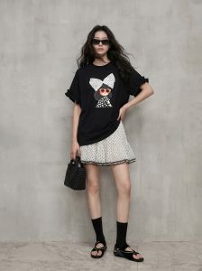 GULILI | Korean Style Cartoon Girl Ruffled Short Sleeve T-Shirt and Polka Dot Skirt Set
