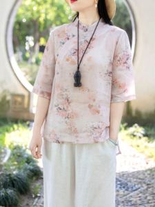 New Chinese Style Cotton Linen Shirt Women Summer Thin Print Zen Tea Service Sleeveless Stand Collar Loose Fit Commute Wear