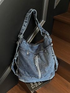 Retro Denim Bucket Bag Womens Large Capacity Crossbody Shoulder Bag Fashionable Casual Single Strap Handbag Tote Bag
