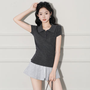 La Chapelle Grey High-End Knitted Polo Neck T-Shirt Womens Summer Slim Fit Short Sleeve Shoulder Appropriate Top