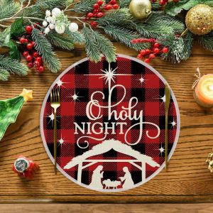 VIKAMA Cream Crimson Holiday Tree Round Placemat Red Pink Pine Golden Star Merry Text Brushstroke Xmas Table Mat Premium Quality