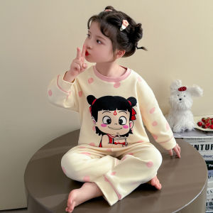 Girls Cotton Pajamas Long Sleeve Home Clothes Set Spring Autumn New Style Pure Cotton Childrens Home Suit Soft round Neck Pullover