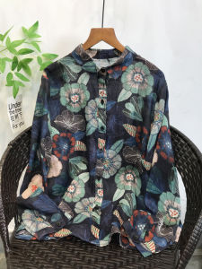 High Quality Ethnic Style Retro Digital Print Long Sleeve Womens Shirt Pure Mulberry Silk Inner Edge Cardigan for Autumn