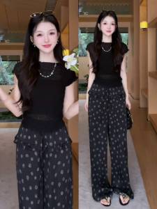 Elegant Style Summer Two-Piece Set T-Shirt Slim Fit Wide Leg Pants
