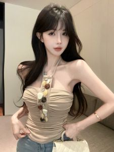 GUZILIAN | เสื้อกั๊กสายเดี่ยวแขนกุดพับชายสั้นสำหรับผู้หญิงในฤดูใบไม้ผลิและฤดูร้อน ดีไซน์เก๋ไก๋ เสื้อคลุมกันหนาวแบบสวมคอวี ทรงเข้ารูป เสื้อคลุมกันหนาว