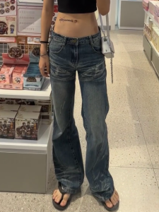 กางเกงยีนส์ทรงหลวมเอวต่ำสไตล์อเมริกันย้อนยุคสำหรับผู้หญิงไซส์ใหญ่ กางเกงขายาวทรงขาบาน ทรงหลวม ทรงเข้ารูป ฤดูใบไม้ผลิ ฤดูร้อน ฤดูใบไม้ร่วง ฤดูหนาว