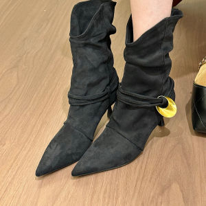 Womens Fashion Short Martin Boots Pointed Toe Foldable Collar Two-Way Wear Thin Heel Autumn Winter White Booties PU Leather