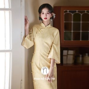 Áo Qipao Mới Mùa Xuân Phong Cách Trẻ Trung Cổ Tròn Đầy Đủ Ống Kéo Màu Vàng