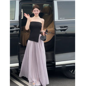 Retro Purple Instrumental Musician A-Line Skirt for Women High Waist Ruched Midi Dress with Golden Feeling Pattern