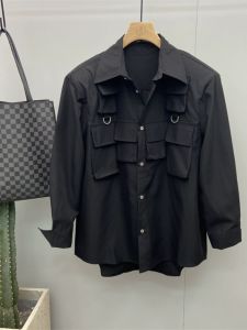 Mens Fashionable Workwear Shirt 2024 Korean Style Dark Series Multi-Pocket Utility Wind Designer Shirt Loose Fit Long Sleeve
