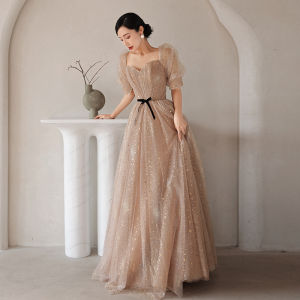 Bubble Sleeve Evening Dresse For Women Banquet Socialite Fairy Starry Sky Slim Fit Birthday Host Female Prom Gown