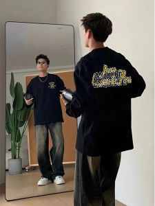 Black Long Sleeve Cotton T-Shirt Mens Spring American Trendy Brand Pure Cotton High-End Feeling Loose Fit Printed Tee