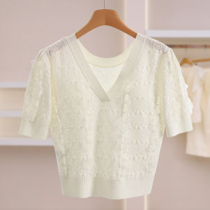 Lace Hollow Breathable V-Neck Knitted Shirt