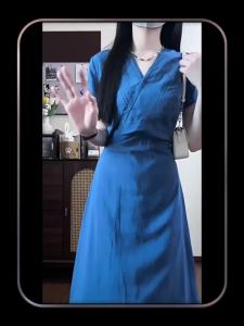 NIUVIES | Đầm Dài V-Neck Phong Cách Pháp Màu Xanh Độc Đáo