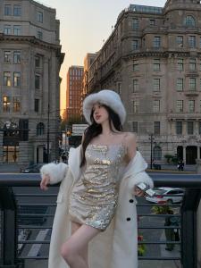 Xích Bejeweled Dây Đeo Vai Bó Sát Đầm Nữ Mùa Thu Mùa Đông Thanh Lịch Gợi Cảm Váy Ngắn Phong Cách Hàn Quốc Một Vai Không Tay Lấp Lánh