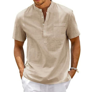 king billion | Cotton Linen Shirt Men Henley Neck Pocket Casual Beach Short Sleeve Solid Color Male Tops T-shirts Vintage Streetwear