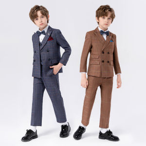 lontakids Kids Toddler Slim Fit Plaid Tuxedo Suit Ring Bearer Outfit Boys Formal Dress Clothes