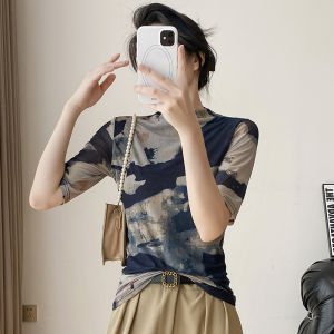 REHIN เสื้อยืดแขนห้าส่วนเข้ารูปพอดีมัดย้อมสำหรับผู้หญิงฤดูใบไม้ร่วงฤดูหนาว (S-3XL)